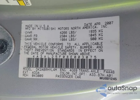 2008 Mitsubishi Eclipse Spyder Gs z USA, uszkodzony, nr VIN 4A3AL25F08E003075